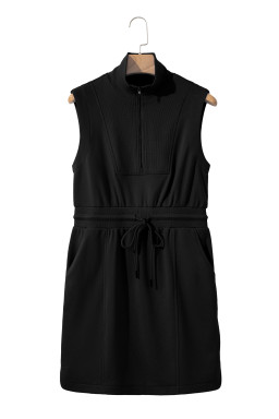 Black Terry Zipped Collar Sleeveless Drawstring Waist Mini Dress