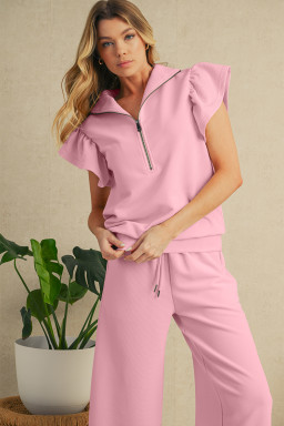 Pink Textured Ruffle Sleeve Zipped Top and Wide Leg Pants Set