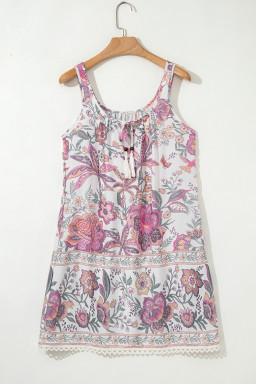 Multicolour Boho Floral Tassel Tie U Neck Mini Dress