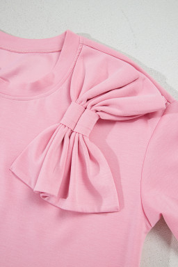 Pink Bow Applique Solid Color Sweet T-shirt