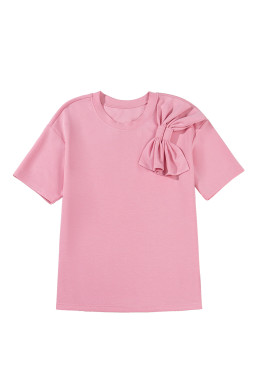 Pink Bow Applique Solid Color Sweet T-shirt