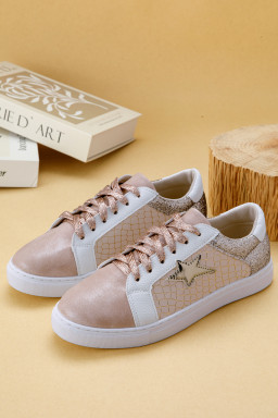 Gold Glitter Star Patchwork PU Leather Lace-up Sneakers