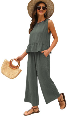 Duffel Green Solid Color Ribbed Ruffle Tank Top and Pants Set