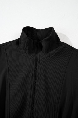 Black Terry Zipped Collar Sleeveless Drawstring Waist Mini Dress