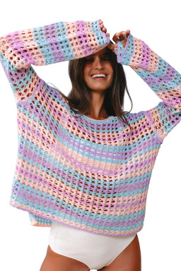 Purple Striped Hollow Knit Summer Beach Cover Up