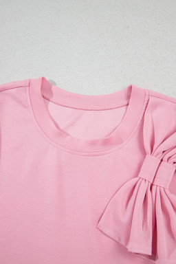 Pink Bow Applique Solid Color Sweet T-shirt