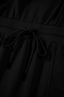 Black Terry Zipped Collar Sleeveless Drawstring Waist Mini Dress