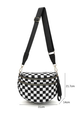 Black Checkered Print Wide Strap Large Crossbody Bag