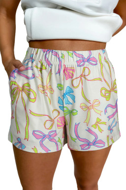 White Colorful Bow Print Pocket Shorts