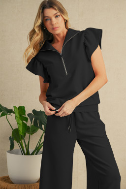 Black Textured Ruffle Sleeve Zipped Top and Wide Leg Pants Set