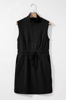 Black Terry Zipped Collar Sleeveless Drawstring Waist Mini Dress