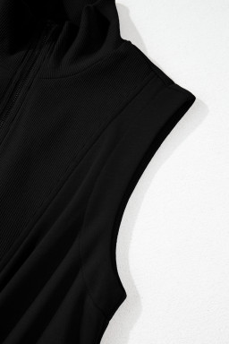 Black Terry Zipped Collar Sleeveless Drawstring Waist Mini Dress
