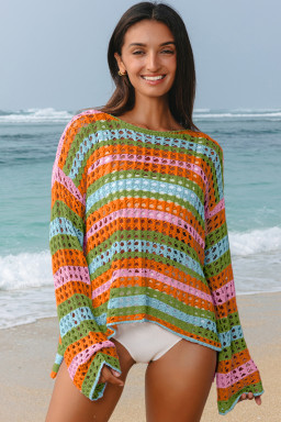 Carrot Striped Hollow Knit Summer Beach Cover Up