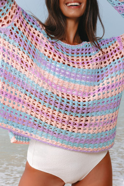 Purple Striped Hollow Knit Summer Beach Cover Up