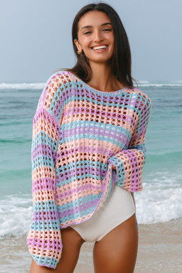 Purple Striped Hollow Knit Summer Beach Cover Up