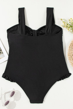 Black Plus Size Textured Knot Ruffle Trim One Piece Swimwear