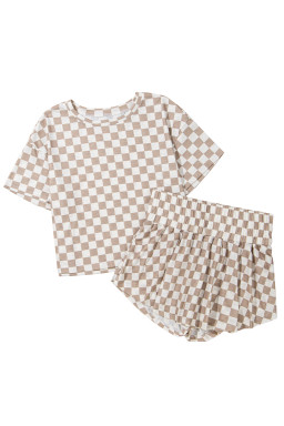 Brown Checkerboard T Shirt and High Waist Skort Set