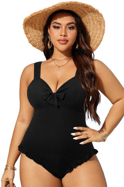 Black Plus Size Textured Knot Ruffle Trim One Piece Swimwear