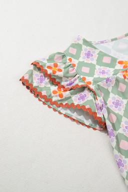 Green Geometric Floral Print Ric Rac Trim Flutter Sleeve Boho Blouse