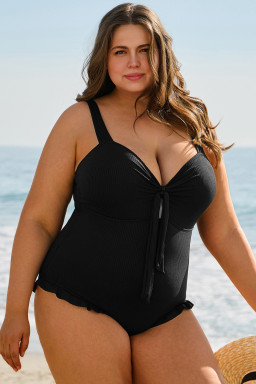 Black Plus Size Textured Knot Ruffle Trim One Piece Swimwear