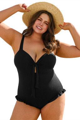 Black Plus Size Textured Knot Ruffle Trim One Piece Swimwear
