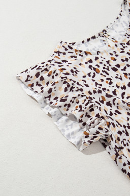 Khaki Leopard Ruffle Flutter Sleeve Keyhole Back Mini Dress