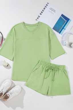 Meadow Mist Green Loose V Neck Tee and Drawstring Shorts Set