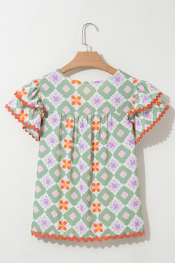 Green Geometric Floral Print Ric Rac Trim Flutter Sleeve Boho Blouse