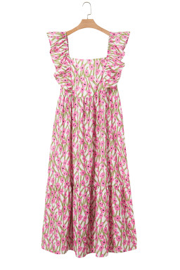 Pink Plus Size Ruffle High Waist Floral Maxi Dress