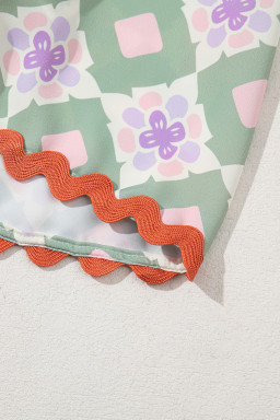 Green Geometric Floral Print Ric Rac Trim Flutter Sleeve Boho Blouse