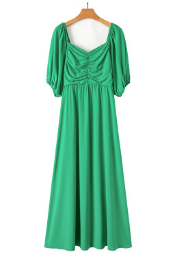 Bright Green Ruched Front Puff Sleeve Plus Size Dress