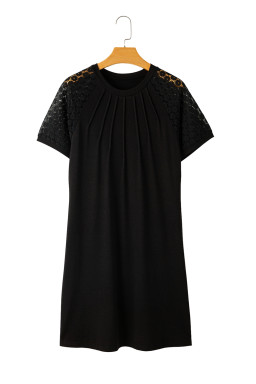 Black Contrast Lace Raglan Sleeve Pleated Detail Shift Dress