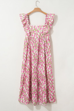 Pink Plus Size Ruffle High Waist Floral Maxi Dress