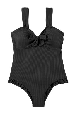 Black Plus Size Textured Knot Ruffle Trim One Piece Swimwear