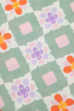 Green Geometric Floral Print Ric Rac Trim Flutter Sleeve Boho Blouse