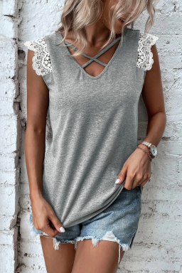 Gray Criss Cross V Neck Lace Applique Sleeveless Top