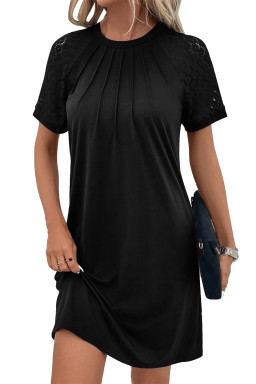 Black Contrast Lace Raglan Sleeve Pleated Detail Shift Dress