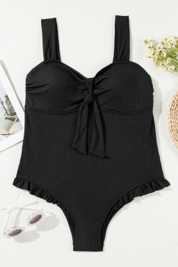 Black Plus Size Textured Knot Ruffle Trim One Piece Swimwear