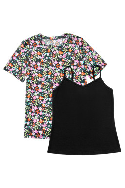 Black Sheer Mesh Floral Round Neck T Shirt with Camisole