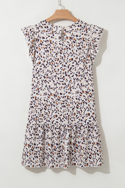 Khaki Leopard Ruffle Flutter Sleeve Keyhole Back Mini Dress