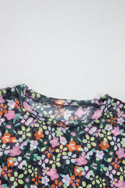 Black Sheer Mesh Floral Round Neck T Shirt with Camisole