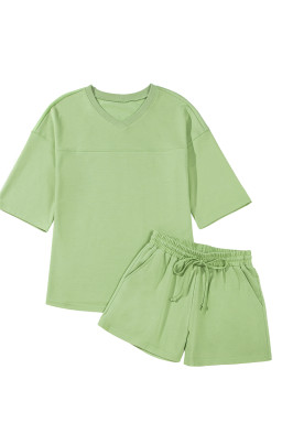 Meadow Mist Green Loose V Neck Tee and Drawstring Shorts Set