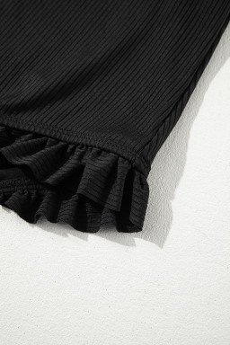 Black Plus Size Textured Knot Ruffle Trim One Piece Swimwear