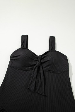 Black Plus Size Textured Knot Ruffle Trim One Piece Swimwear