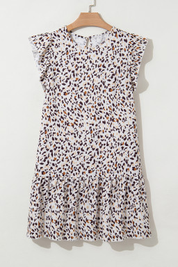 Khaki Leopard Ruffle Flutter Sleeve Keyhole Back Mini Dress