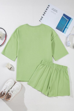 Meadow Mist Green Loose V Neck Tee and Drawstring Shorts Set