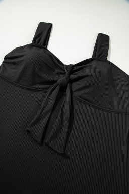 Black Plus Size Textured Knot Ruffle Trim One Piece Swimwear