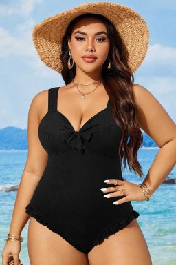 Black Plus Size Textured Knot Ruffle Trim One Piece Swimwear