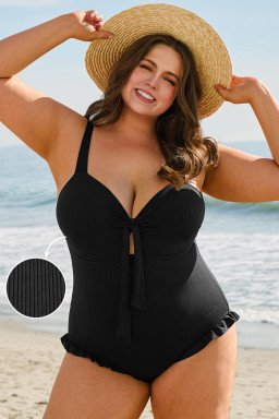 Black Plus Size Textured Knot Ruffle Trim One Piece Swimwear