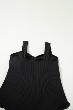 Black Plus Size Textured Knot Ruffle Trim One Piece Swimwear